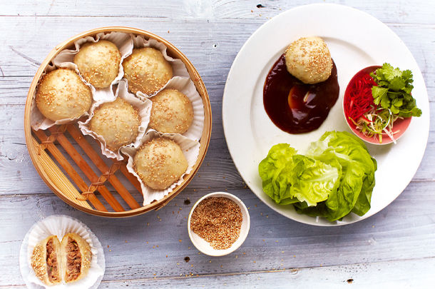 stuffed dumplings with side salad and sweet chilli sauce