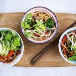 one-bowl dishes - asian salads and noodles with chopsticks on the side