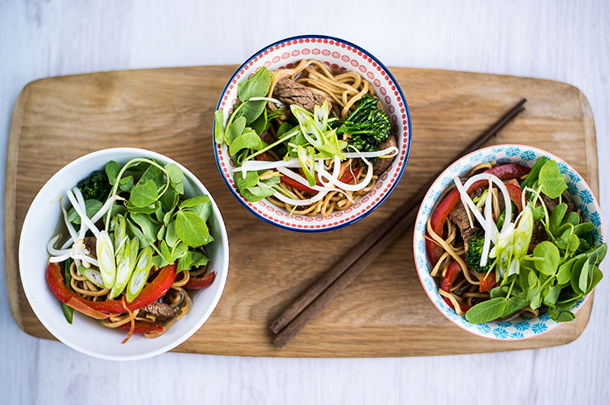 one-bowl dishes - asian salads and noodles with chopsticks on the side