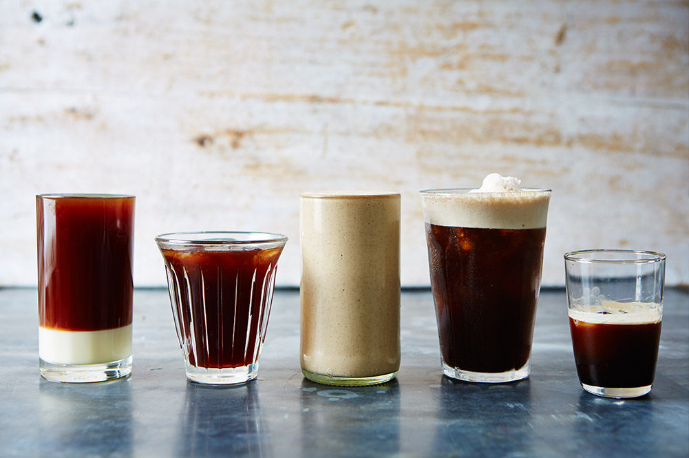 selection of iced coffees in different glasses brewed