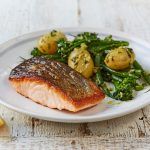 salmon with new potatoes and stemmed broccoli