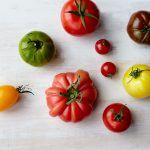 Seasonal vegetables, different types and colours of tomatoes
