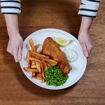 fish and cheaps with mushy peas and tartar sauce
