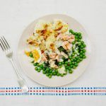 fish pie recipe with mash and peas on a plate