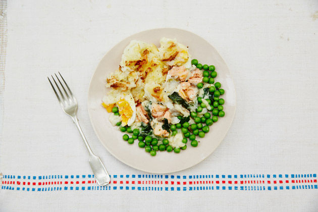 fish pie recipe with mash and peas on a plate