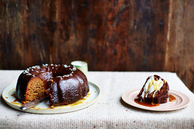 sticky toffee pudding with cream and drizzled toffee