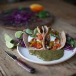 healthy family recipes: fish tacos with veg and sour cream and salad on the side