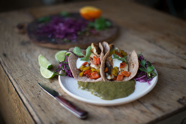 healthy family recipes: fish tacos with veg and sour cream and salad on the side