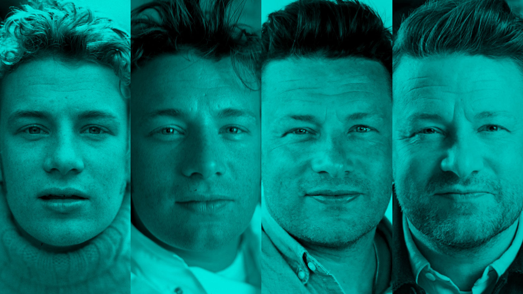 Four portrait images of Jamie's face looking directly at the camera from his days as the Naked Chef up to now.