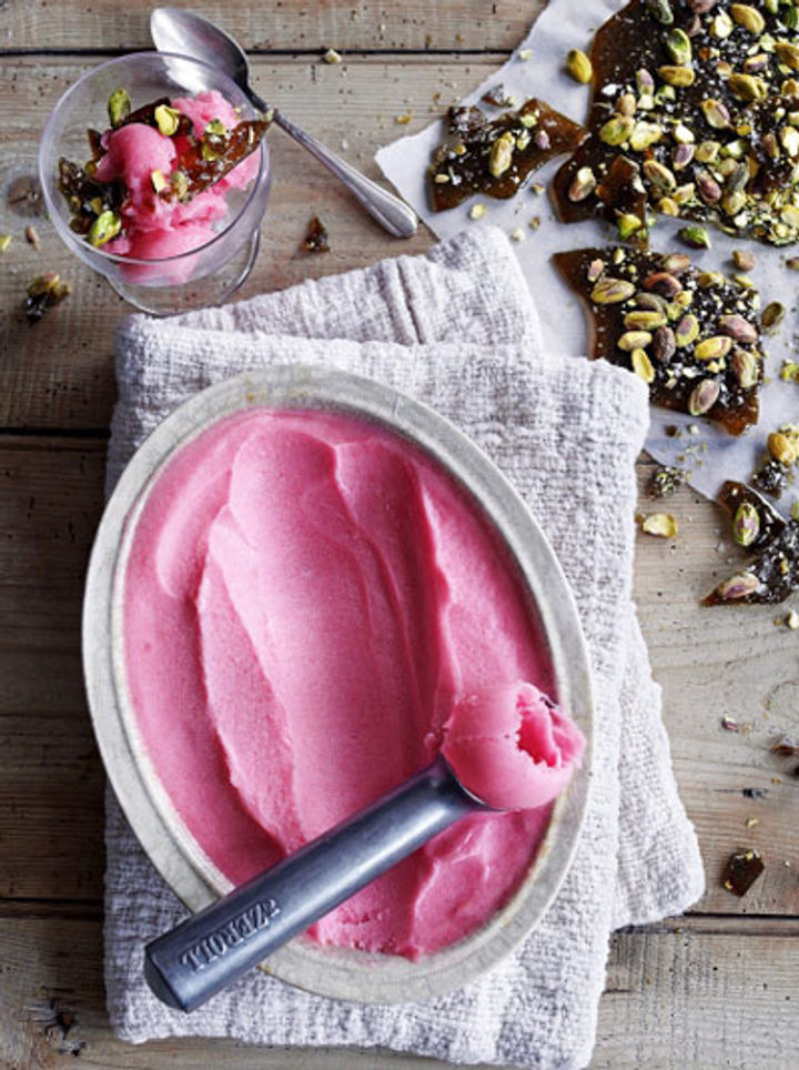 tub of rhubarb sorbet with a scoop taken out of it, in season in February