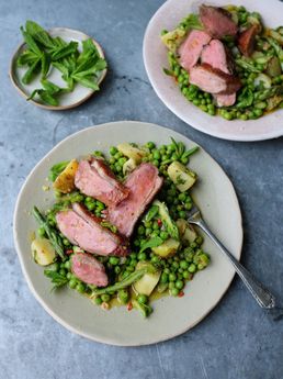 Pan-fried duck breast with spring veg