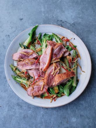 Pan-fried duck breast with pak choi & asparagus