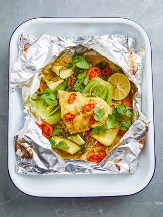 Thai green curry style fish in a bag