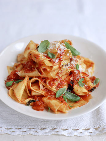 Cheat’s homemade pappardelle with quick tomato sauce