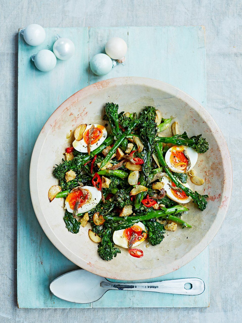 Broccoli & boiled egg salad with anchovies, chillis & croutons
