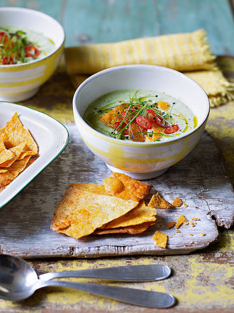 Chilled avocado soup with tortilla chips