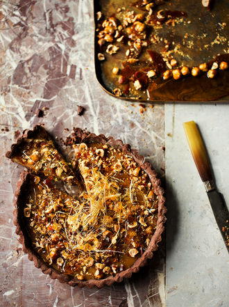 Chocolate & caramel tart with hazelnuts