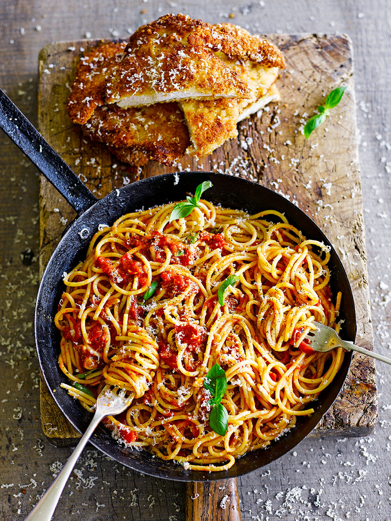 Chicken milanese with spaghetti
