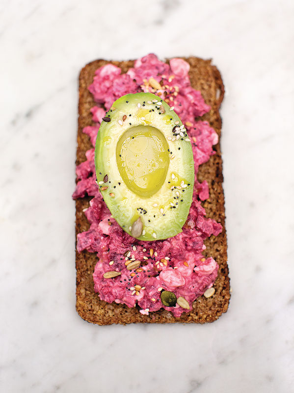 Avocado on rye toast with beetroot