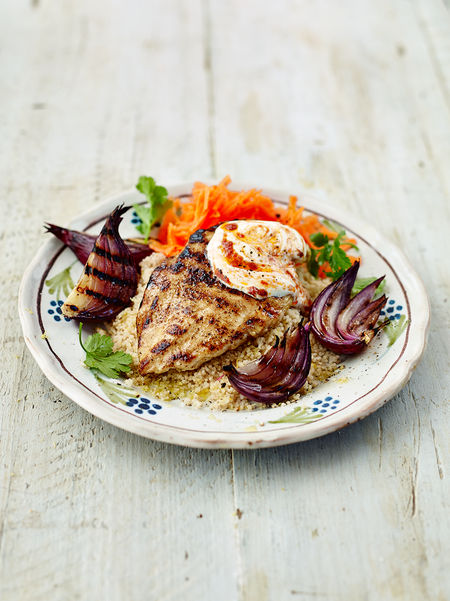 Grilled Moroccan Chicken With Lemony Couscous And Carrot Salad Chicken Recipes Jamie Oliver