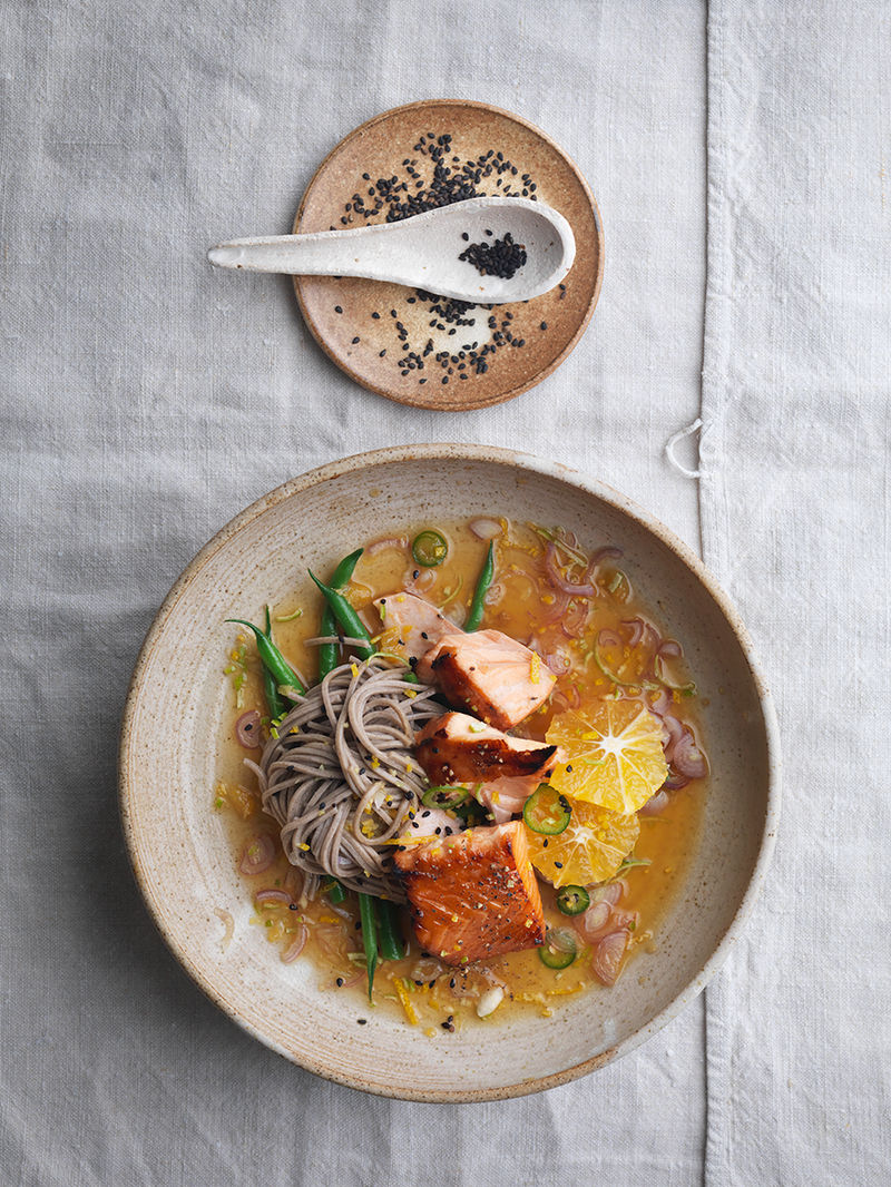 Salmon soba with ginger citrus dressing