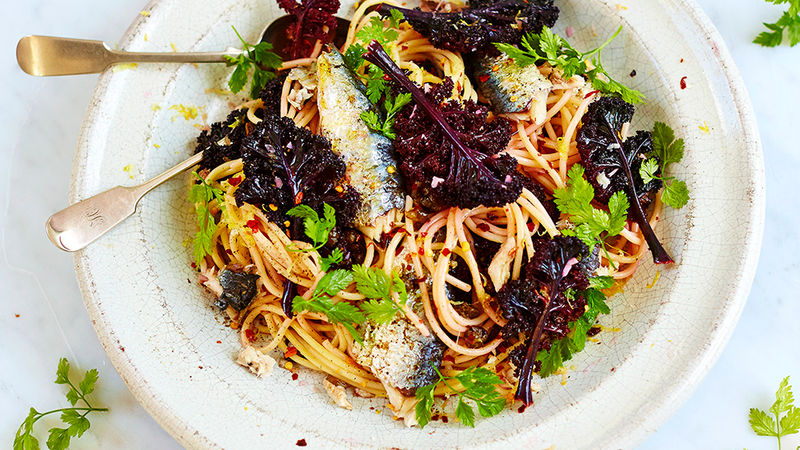 Zesty sardine & purple kale spaghetti | Jamie Oliver