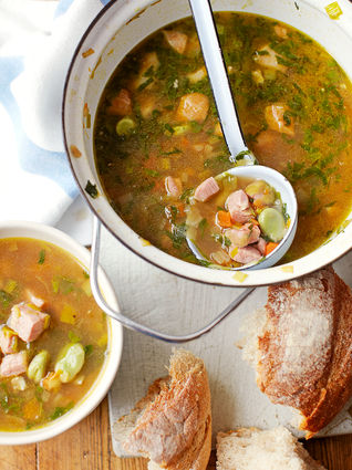 Broad bean, ham & mint soup