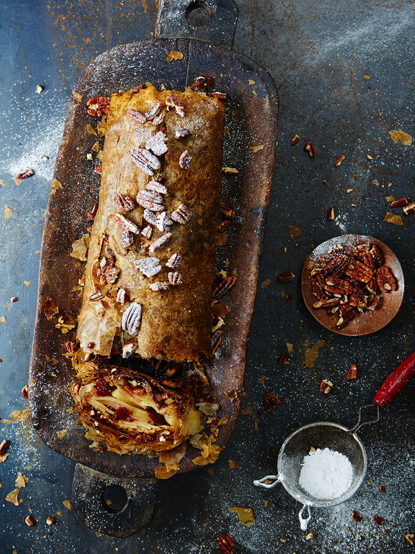 Quick apple and pecan strudel with cinnamon