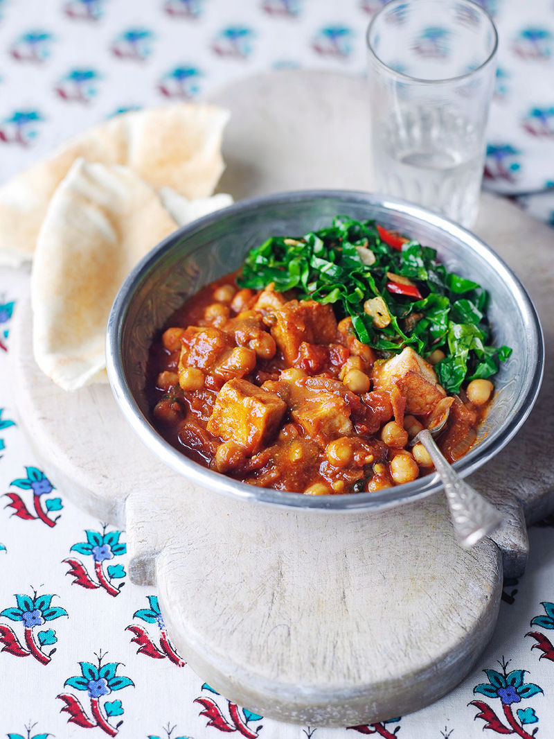 Tofu & chickpea curry with spring greens