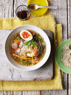 Clear Asian noodle soup with prawns