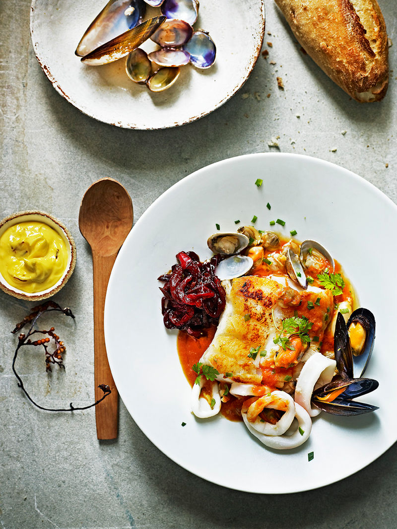 Seafood stew with saffron mayo & pepper marmalade