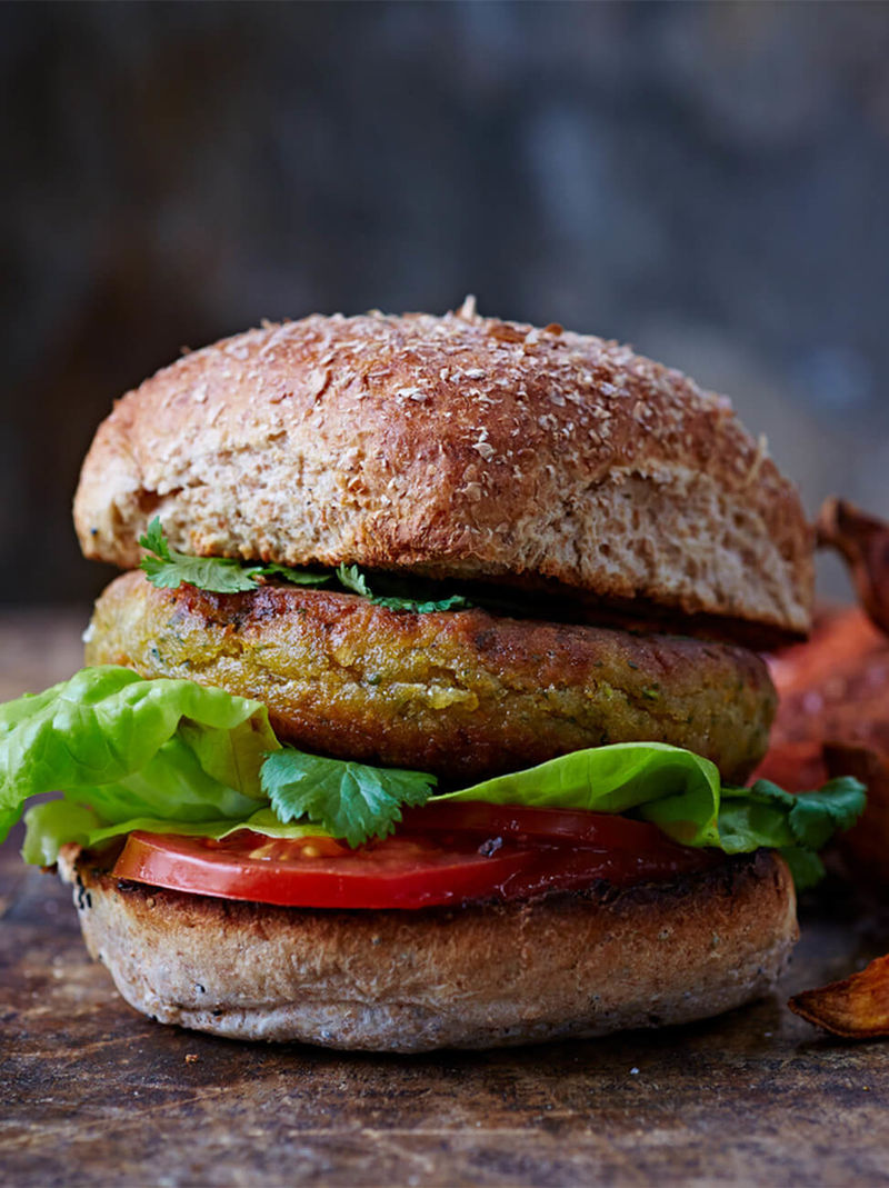 Spicy Corn & Chickpea Burgers with Sweet Potato Wedges Jamie Oliver