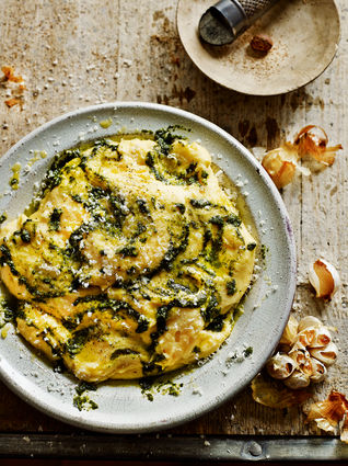 Creamy polenta with garlic and basil butter