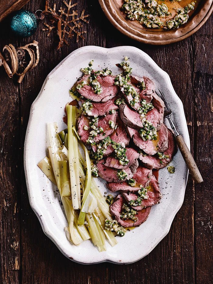 Poached beef with herb vinaigrette & leeks