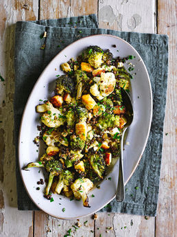 Roasted brassicas with puy lentils &amp; halloumi