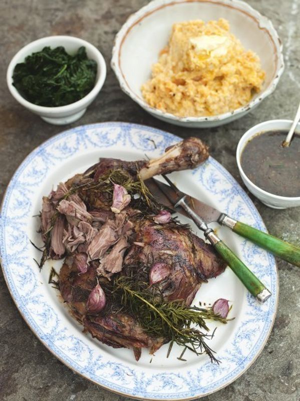 Incredible roasted shoulder of lamb with smashed veg & greens
