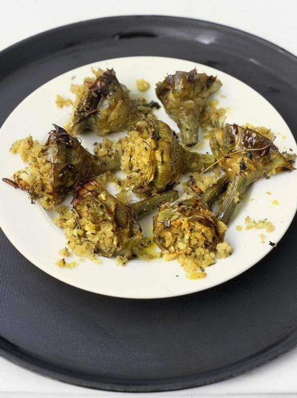 Tray-baked artichokes with almonds, breadcrumbs and herbs