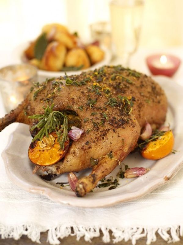 Easy Christmas roast duck with crispy potatoes and port gravy