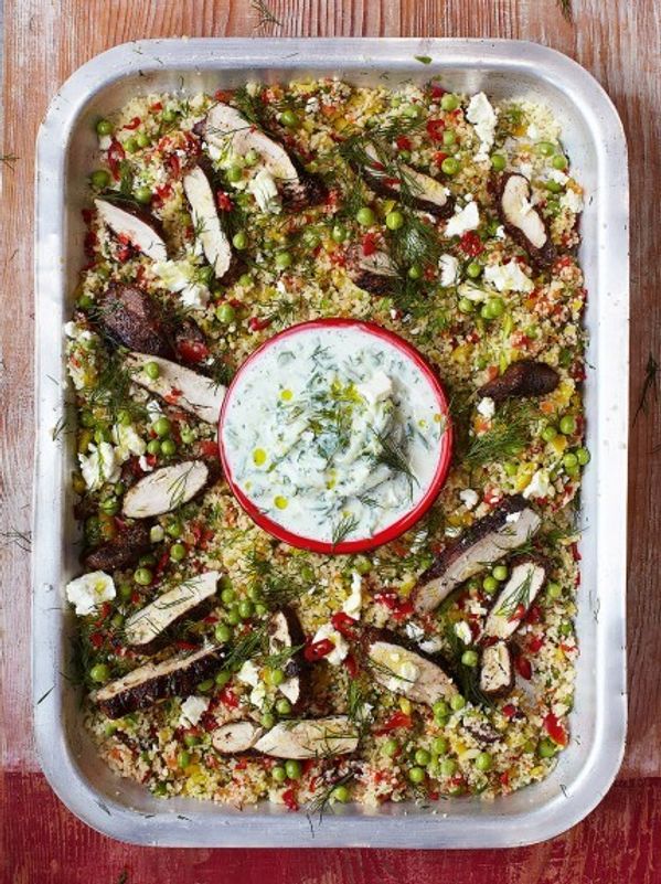 Gorgeous greek chicken with herby vegetable couscous & tzatziki
