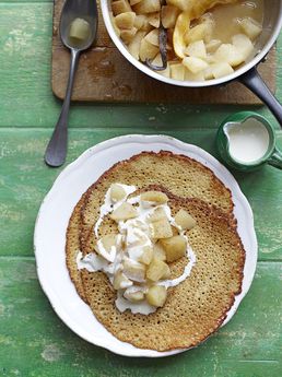Buckwheat crepes with poached apple & pear