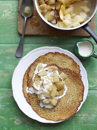 Buckwheat crepes with poached apple & pear