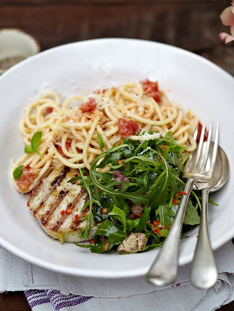 Grilled tuna with tomato spaghetti | Seafood recipes | Jamie Oliver