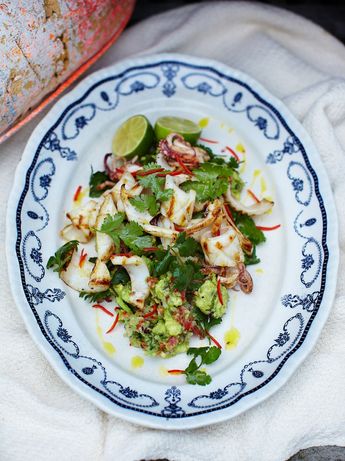 Chargrilled squid with rustic guacamole