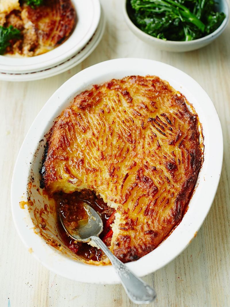 Quick and easy dinner ideas  - image of the top view of a dish of golden brown shepherds pie