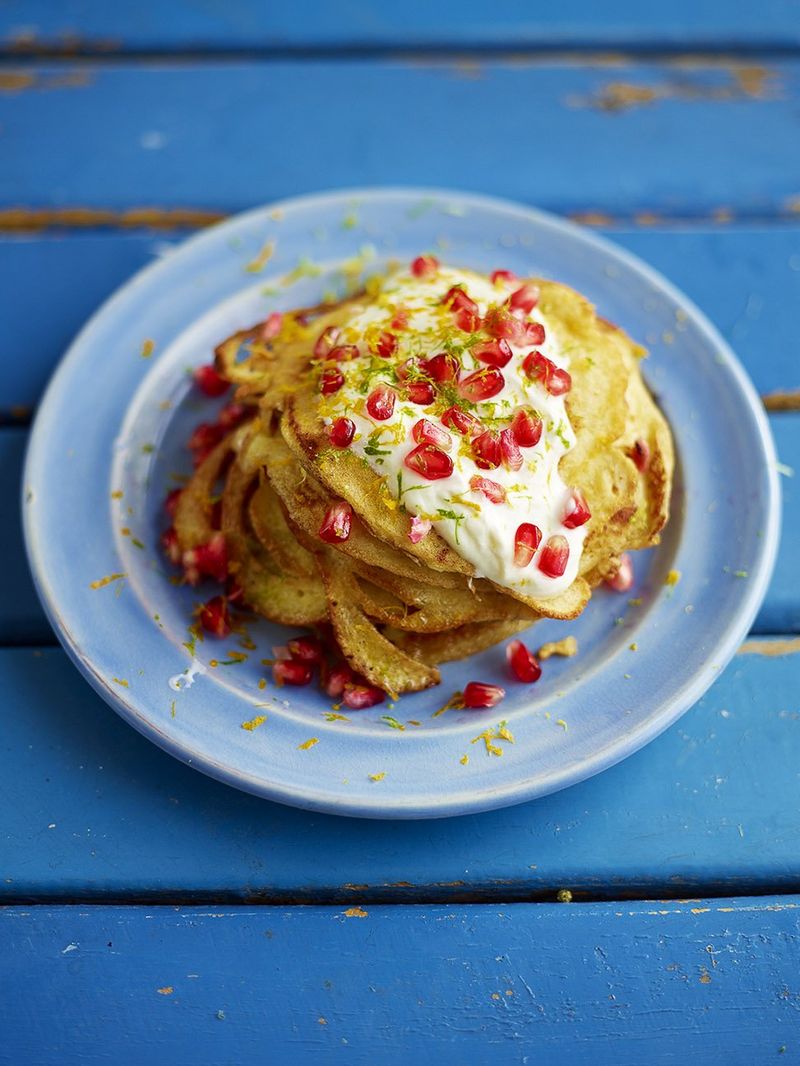 Coconut pancakes with pomegranate jewels