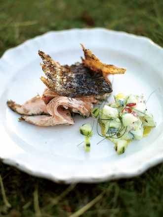 Crispy barbecued side of salmon with cucumber yoghurt