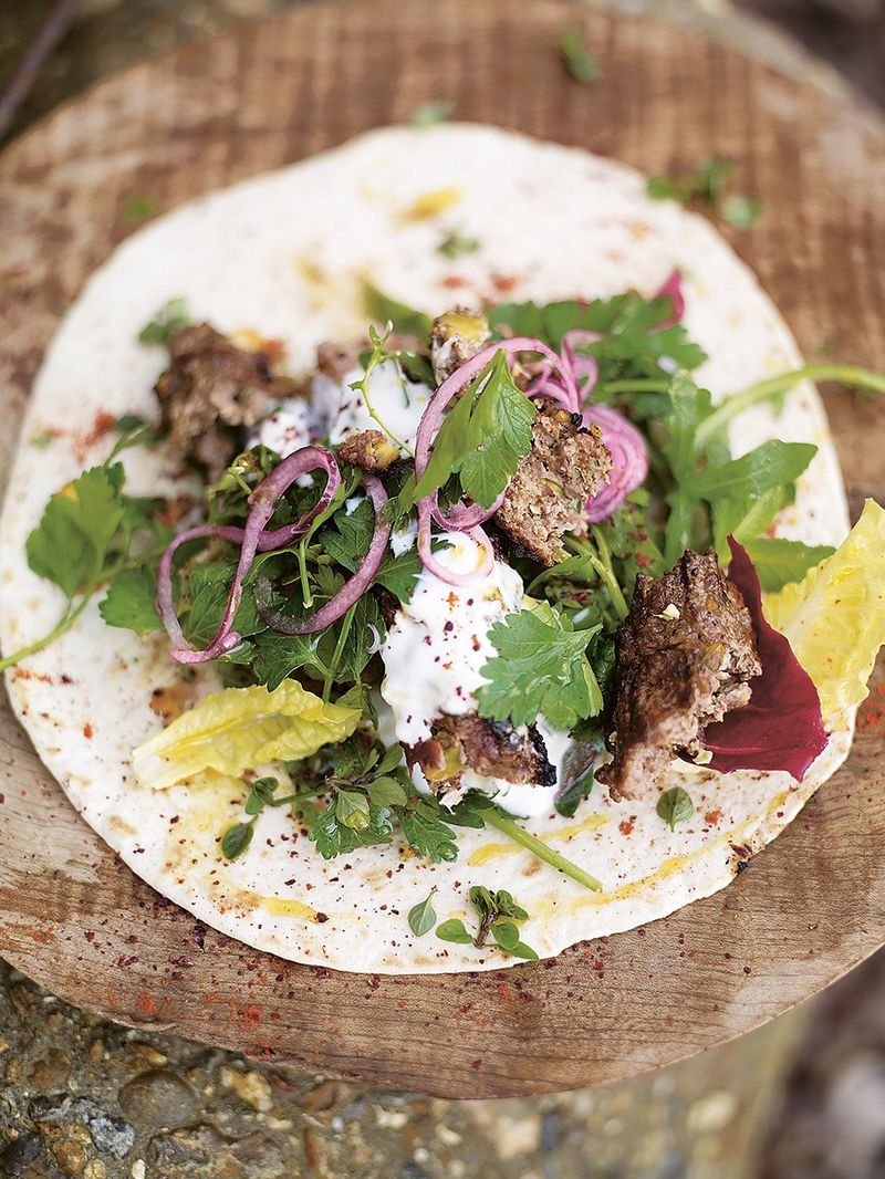 Grilled lamb kofta kebabs with pistachios & spicy salad wrap
