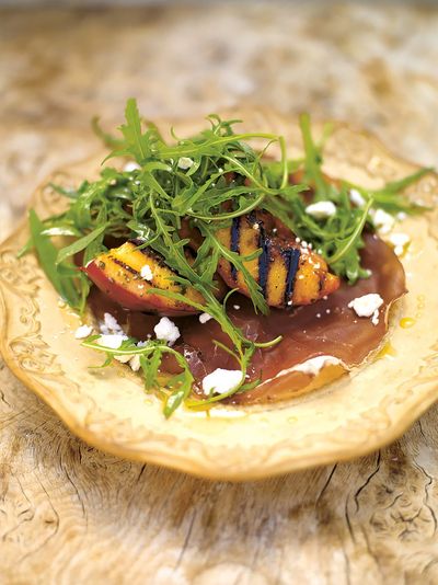 Grilled peach salad with bresaola & a creamy dressing