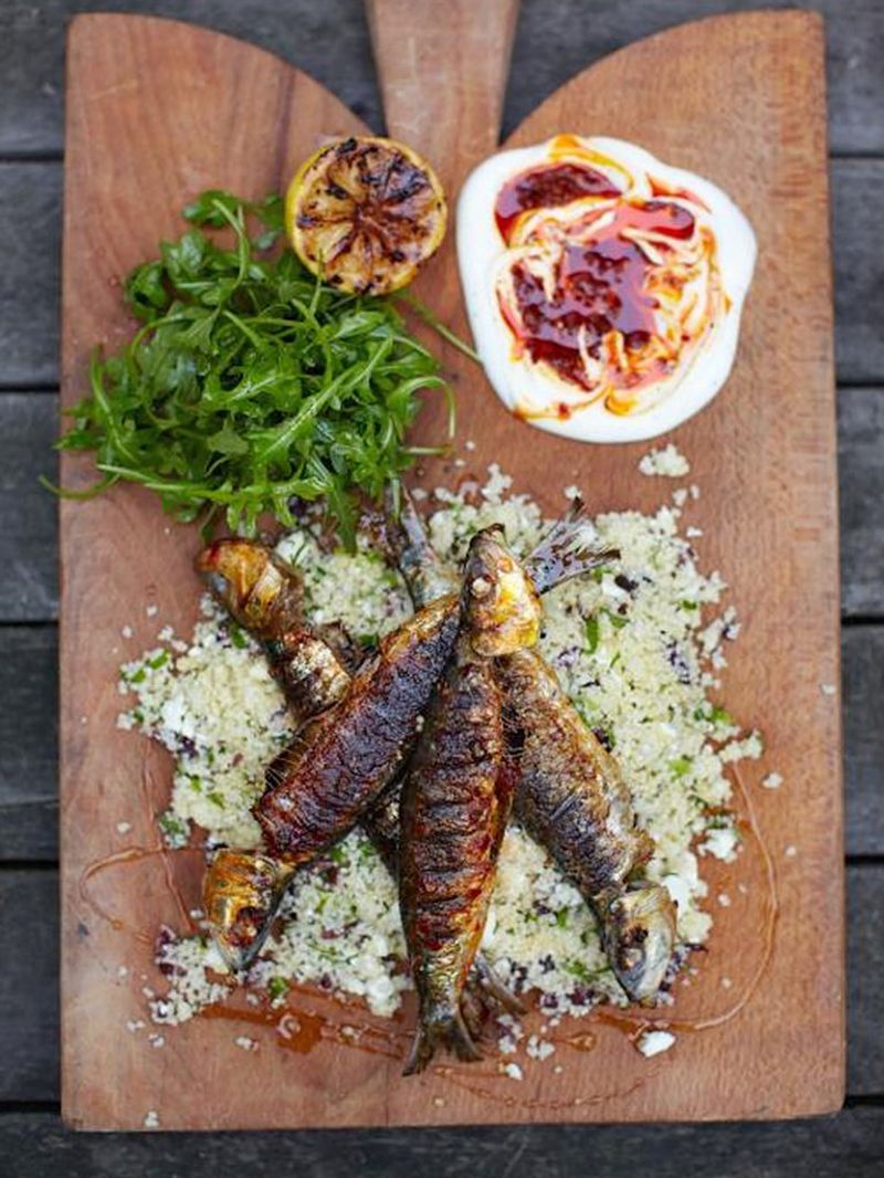 Harissa sardines with couscous salad