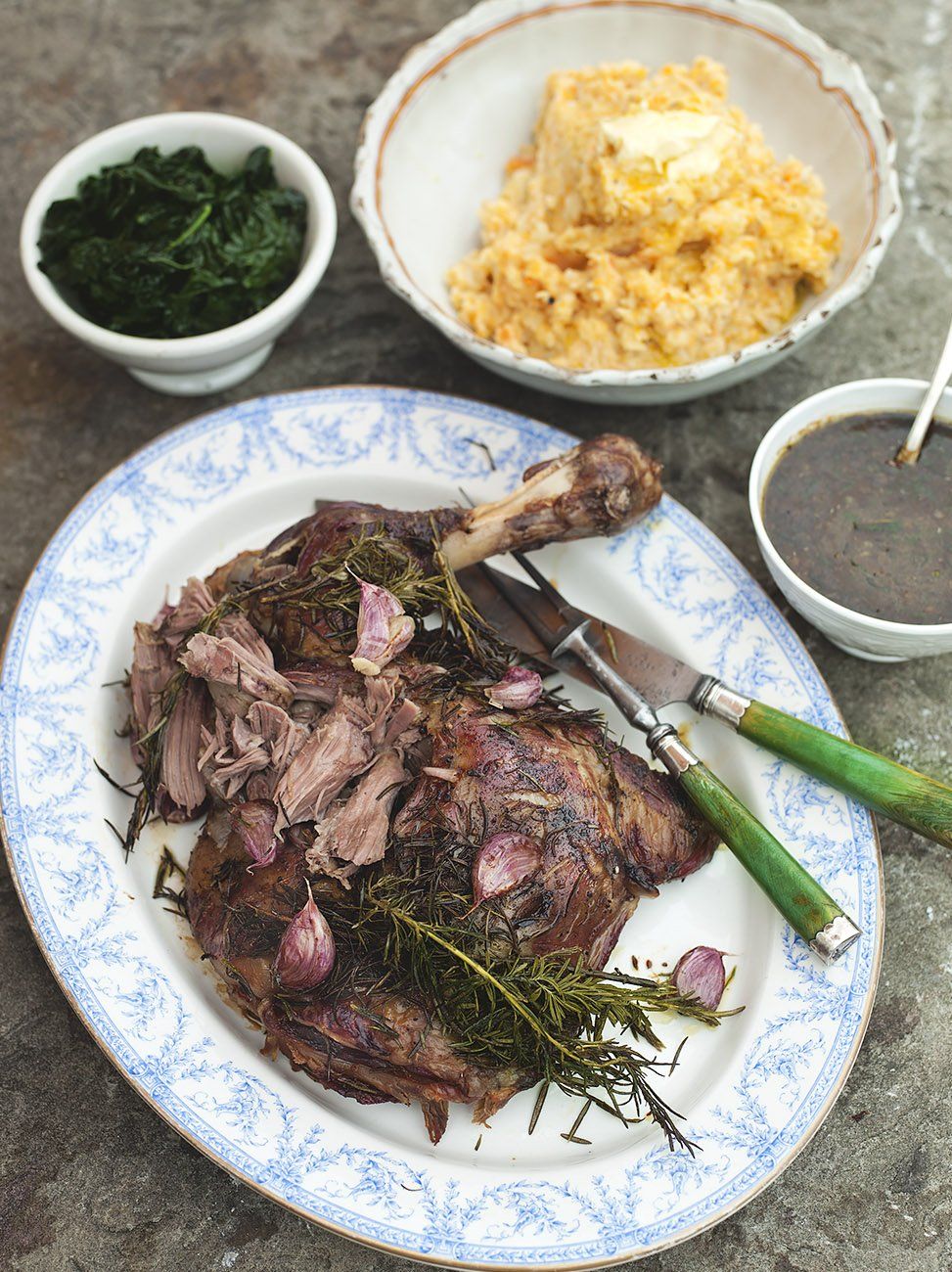 Incredible roasted shoulder of lamb with smashed veg greens